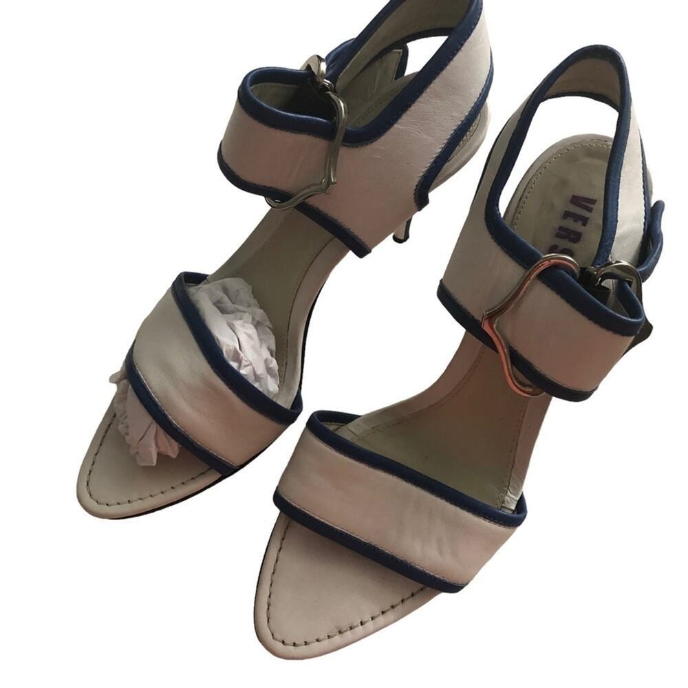 Versus Womens Sandal White Blue Leather Ankle Strap Buckle High Heel 10 Italy